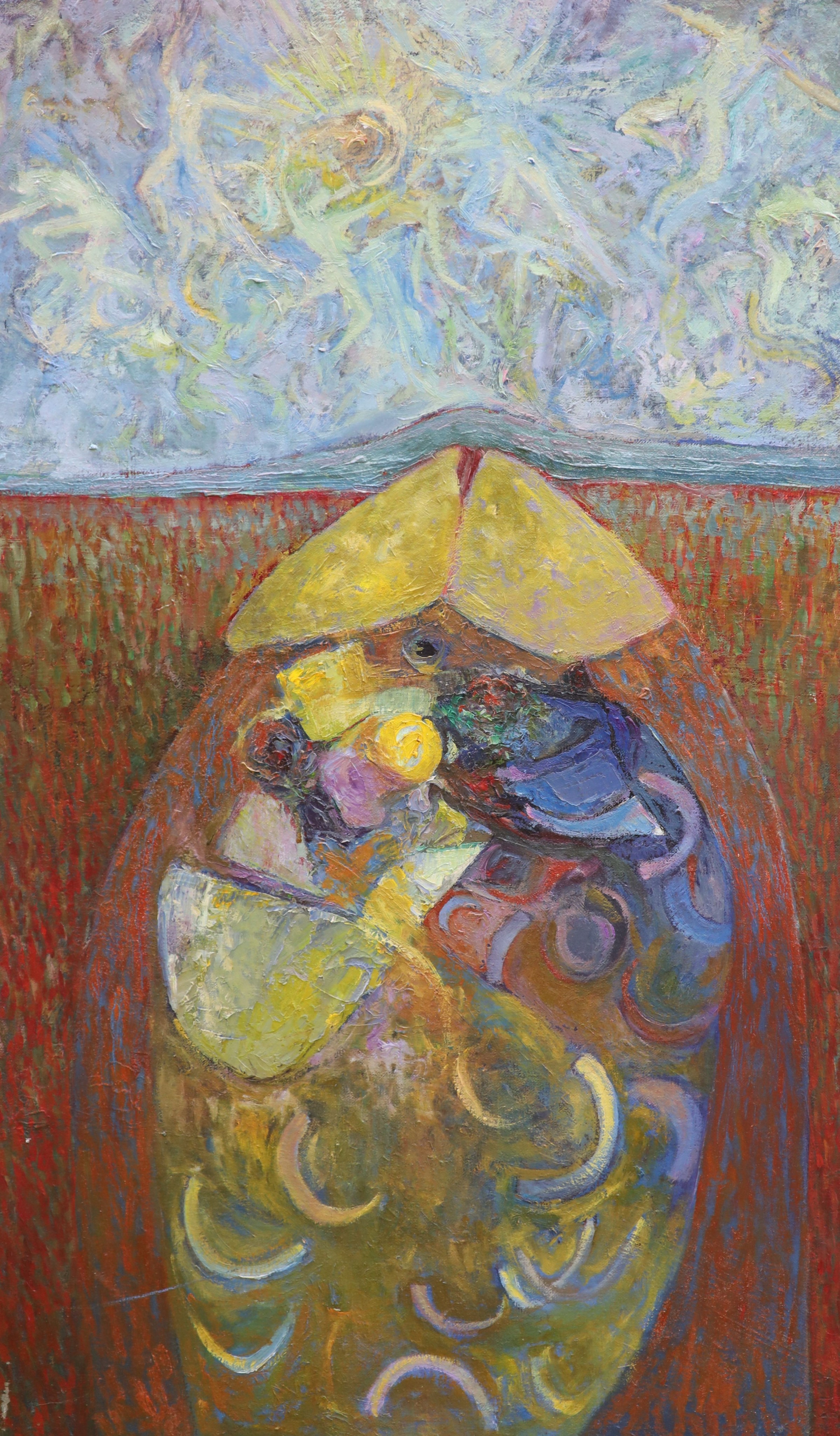 Cyril Mount, oil on canvas laid on board, 'Soft Warhead with Celestial Dancers', inscribed verso, 84 x 51cm